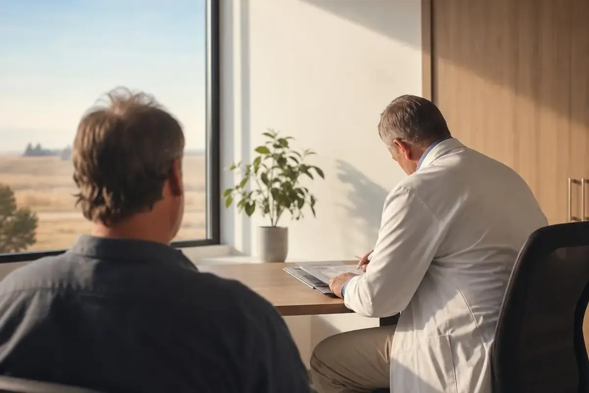 A physician and a patient seated together at a desk in a sunlit consultation room