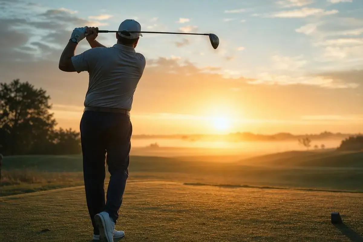 A man finishing a golf swing on an empty course at dawn