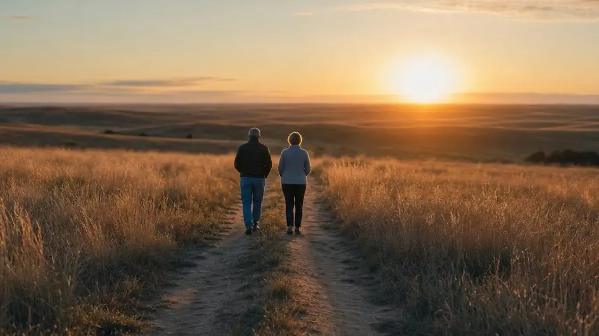 Two adults walking a prairie trail at sunrise under an open Nebraska sky