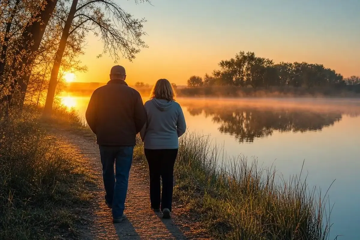 A couple walking a lakeshore path at sunrise with mist on the water