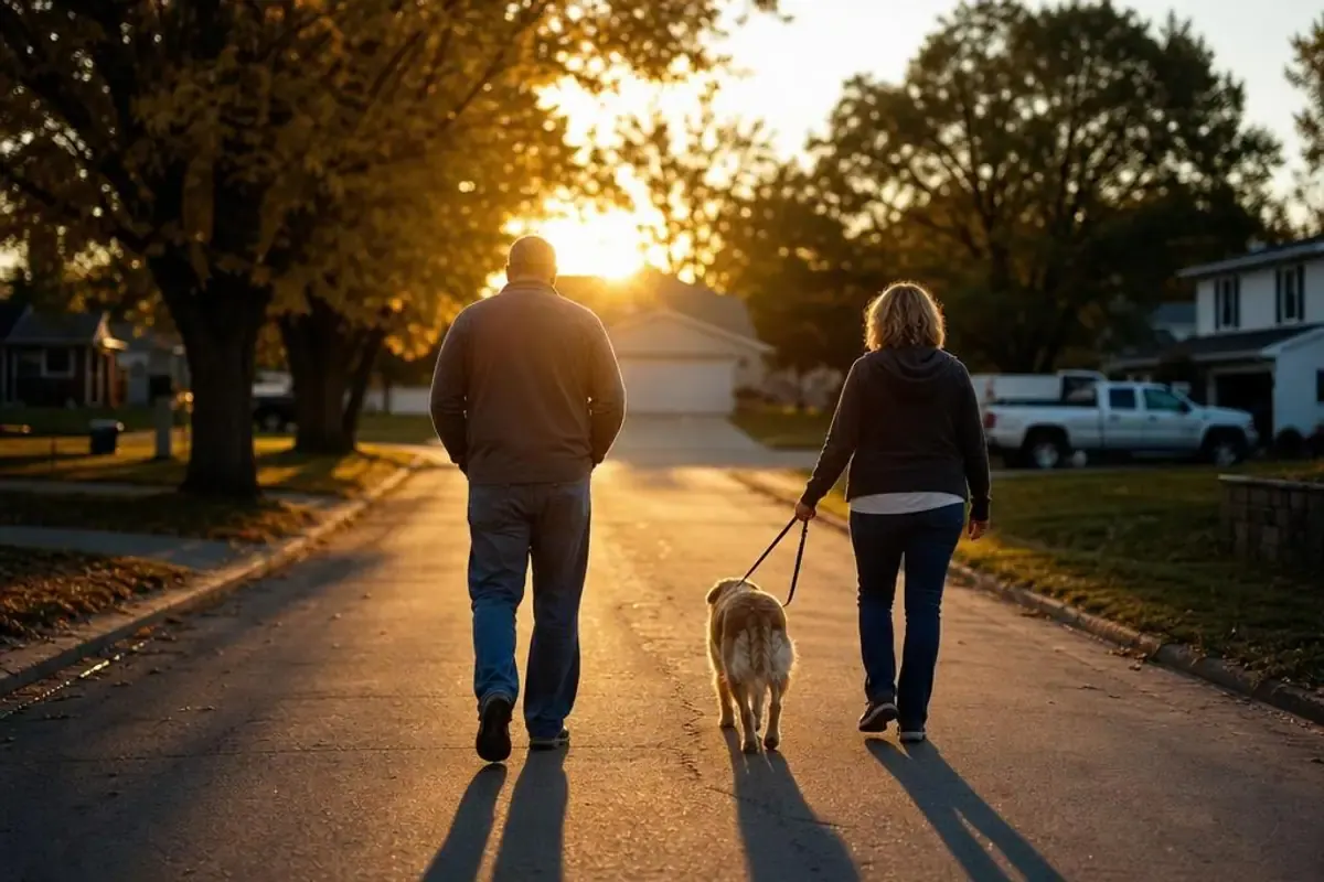 A couple walking their dog down a quiet tree lined street in the evening light