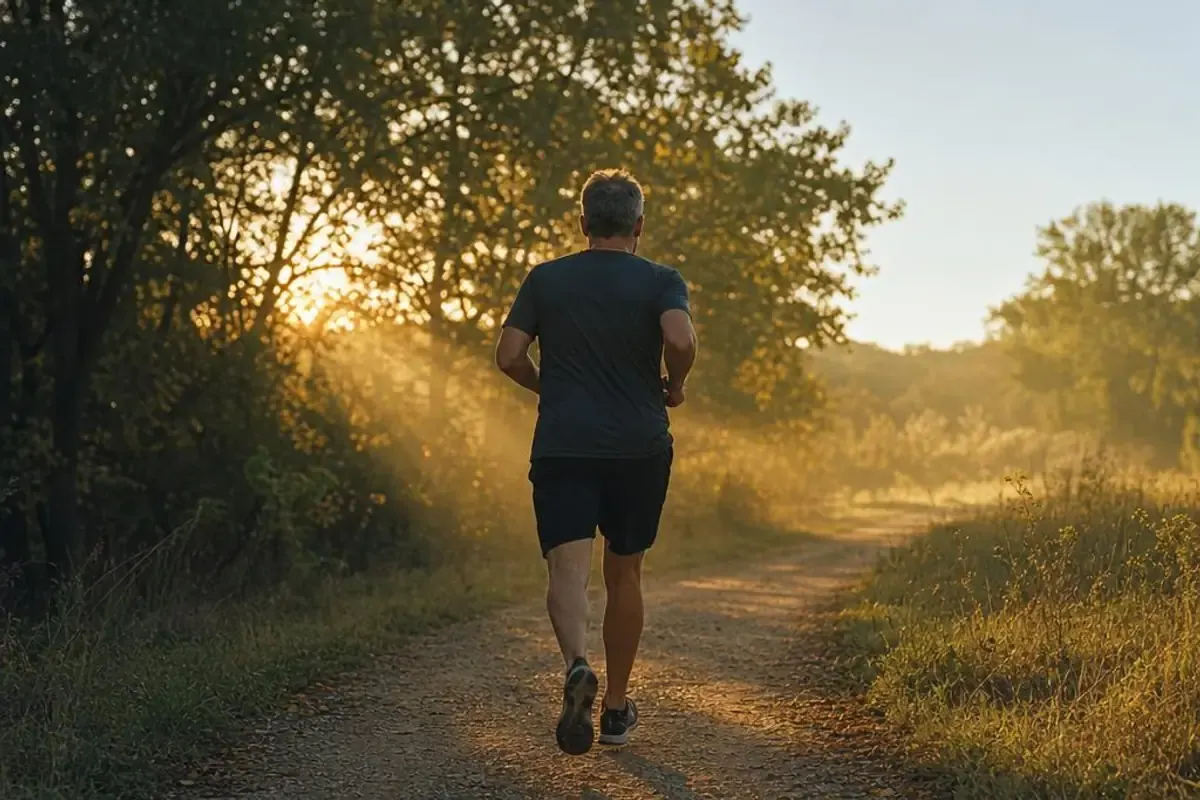 A runner on a wooded gravel trail in early morning light